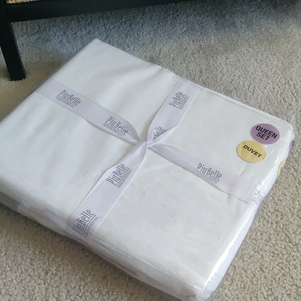 New!PiuBelle Portugal Linen Blend Queen 3-Piece Duvet Set White Sage Border Y2K